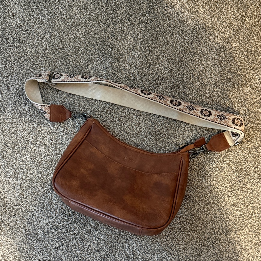 Brown Crossbody Bag with Patterned Strap